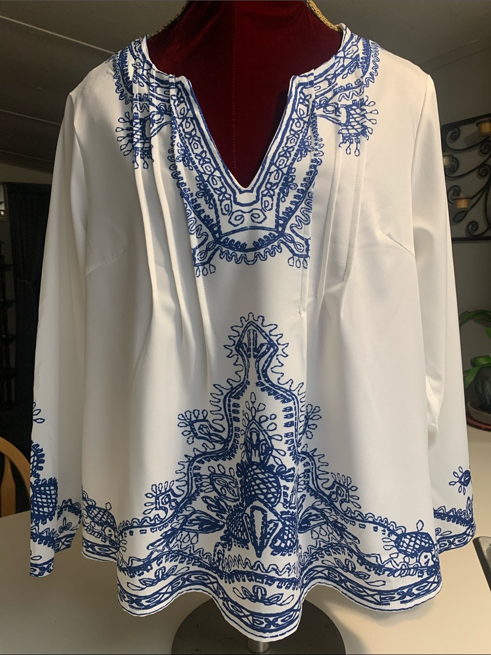 SHEIN White Tunic with Blue Embroidery print -V-Neck
